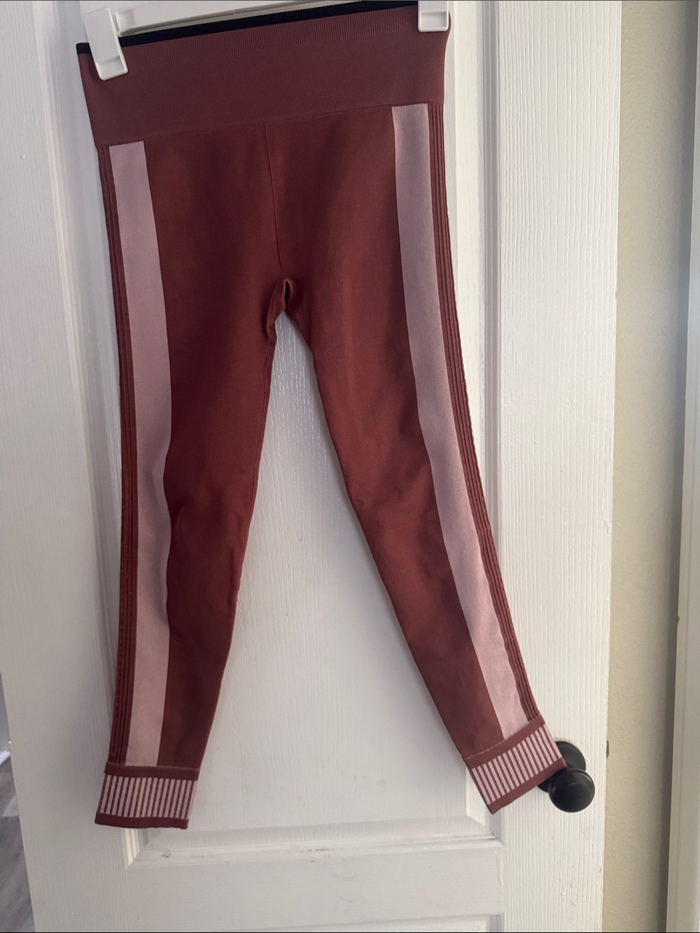 Fabletics Kids Ribbed Leggings in Rust with Pink Stripes